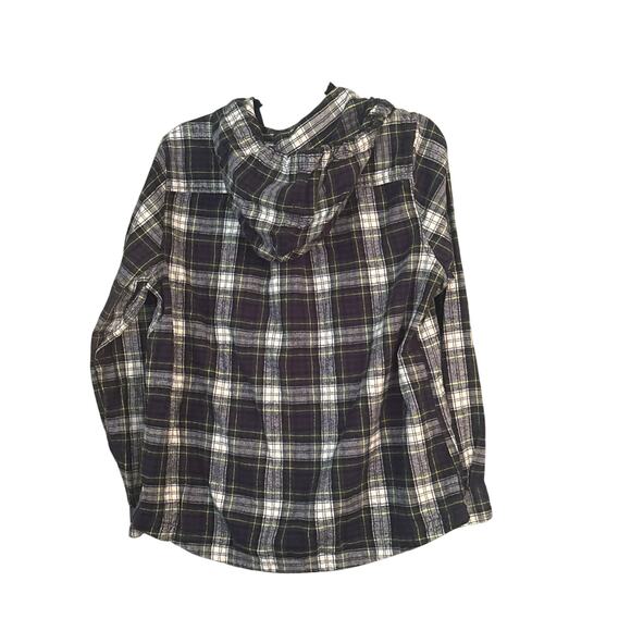 LL Bean Flannel Shirt Womens M Green Scotch Plaid Relaxed Fit Zip Hoodie Pockets - Picture 8 of 9